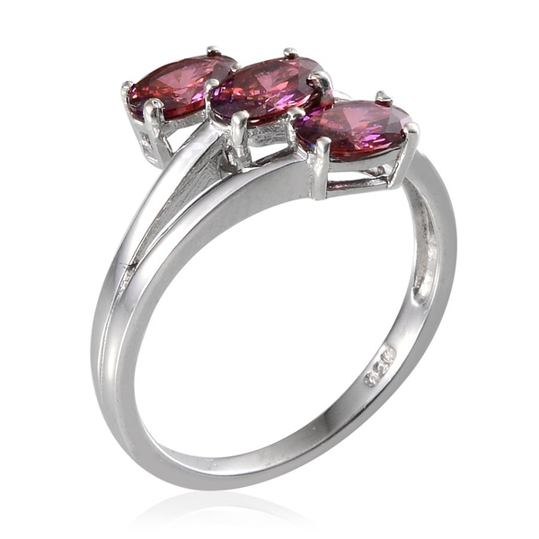 Lustro Stella - Platinum Overlay Sterling Silver (Ovl) Trilogy Ring Made with Red  ZIRCONIA 1.290 Ct.