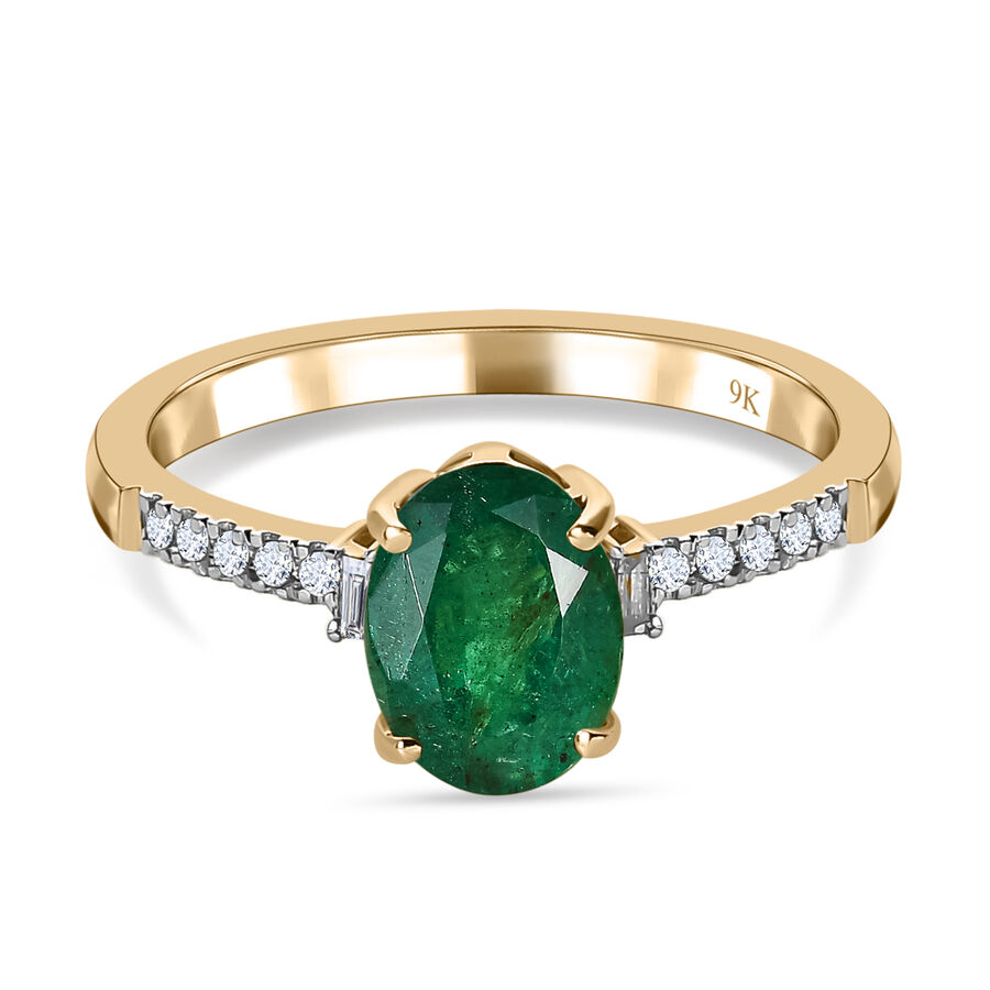 9K Yellow Gold AAA Gemfields Emerald and Diamond Ring 1.27 Ct.