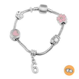 Children Happy 6 Birthday Charms Bracelet in White Austrian Crystal Size 6.5 with Silver Tone