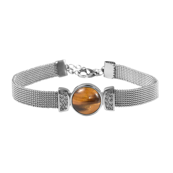 Yellow Tigers Eye and White Austrian Crystal Bracelet (Size - 7 with 2 inch Extender) in Stainless S