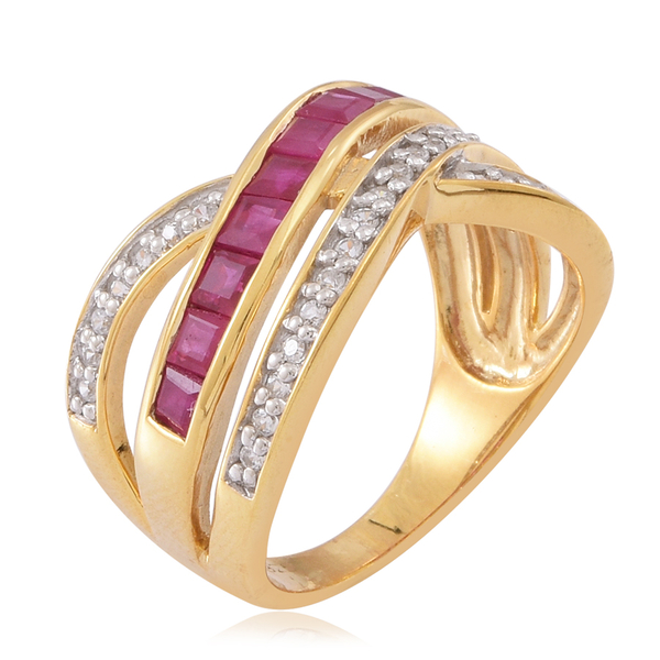 Ruby (Sqr), White Zircon Criss Cross Ring in 14K Gold Overlay Sterling Silver 2.000 Ct.