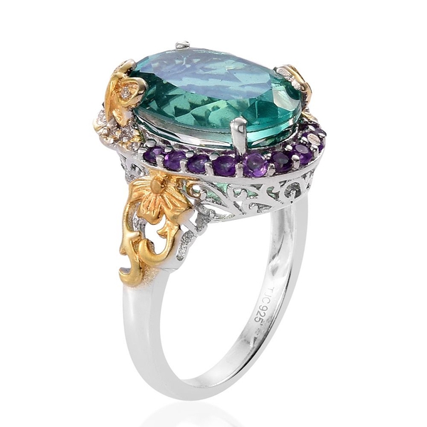 GP Peacock Quartz (Ovl 9.75 Ct), Amethyst, White Topaz and Kanchanaburi Blue Sapphire Ring in Platinum and Yellow Gold Overlay Sterling Silver 10.250 Ct. Silver wt 5.52 Gms.