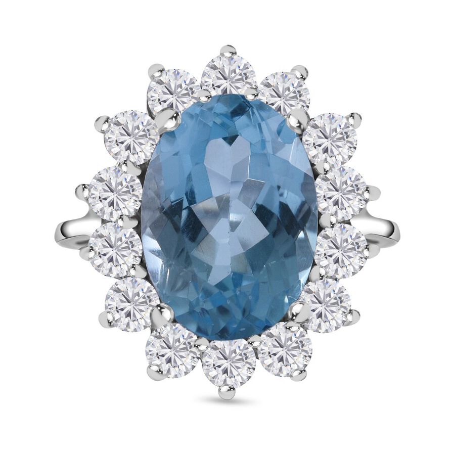 Skyblue Blue Topaz and Natural Zircon Ring in Rhodium Overlay Sterling Silver 10.00  Ct.