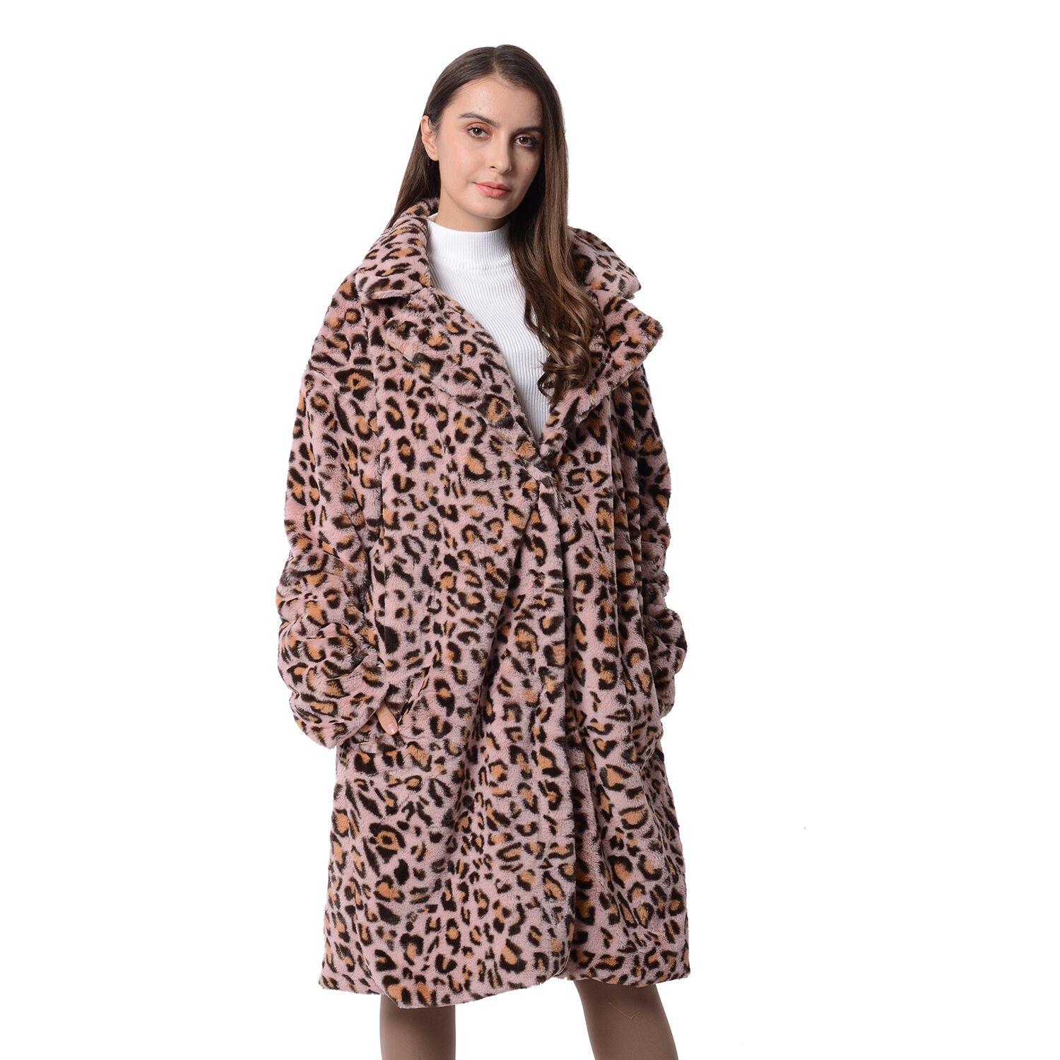 Pink and Black Colour Leopard Print Pattern Faux Fur Long Coat (Size XXL to XXXL)