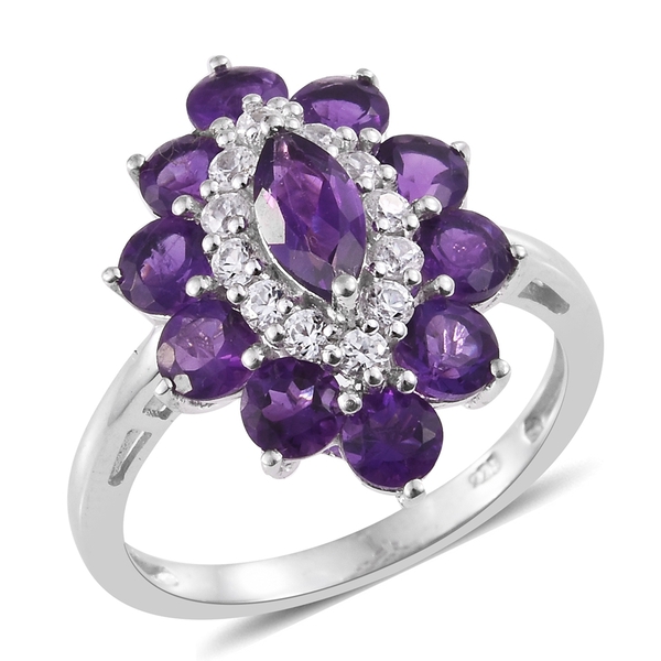 Lusaka Amethyst (Mrq), Natural Cambodian Zircon Ring in Platinum Overlay Sterling Silver 3.500 Ct.