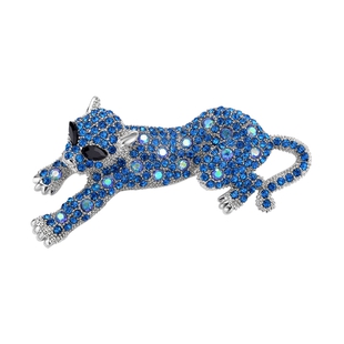 Simulated Black Spinel, Simulated Blue AB Crystal and Blue Austrian Crystal Panther Brooch in Silver