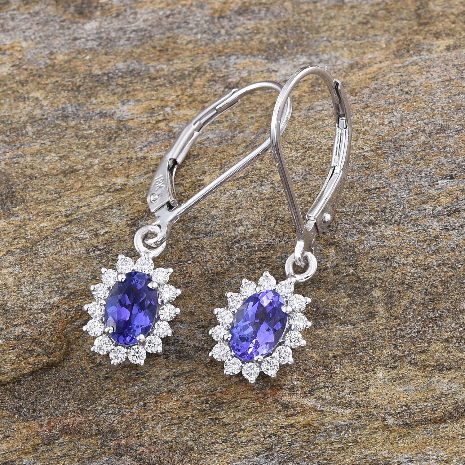 ILIANA 18K White Gold 1.25 Carat AAA Tanzanite Oval Halo Earrings, Diamond SI G-H with Lever Back.
