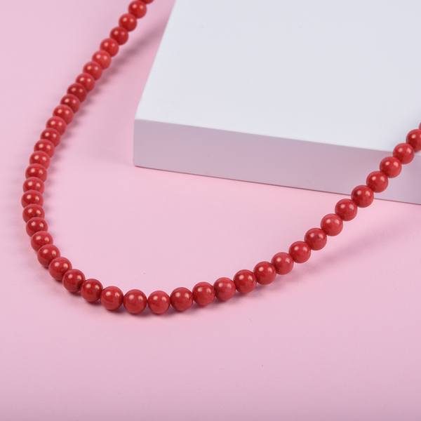 Red Coral Beads Necklace (Size 18) with Lobster Clasp in Rhodium Overlay Sterling Silver 110.00 Ct