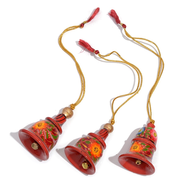 Christmas Decorations - Set of 3 Red Colour Paper Mache Flower Hanging Christmas Bells