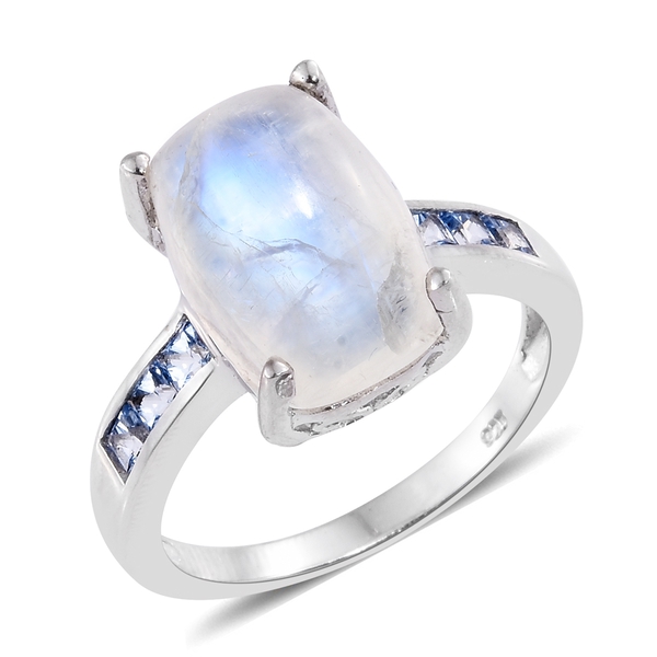 Sri Lankan Rainbow Moonstone (Cush 7.75 Ct), Signity Sum Blue Topaz Ring in Platinum Overlay Sterlin