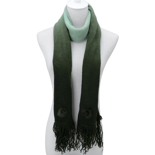 Sequin Feather Pattern Light and Dark Green Colour Scarf with Fur Trim (Size 170x70 Cm)