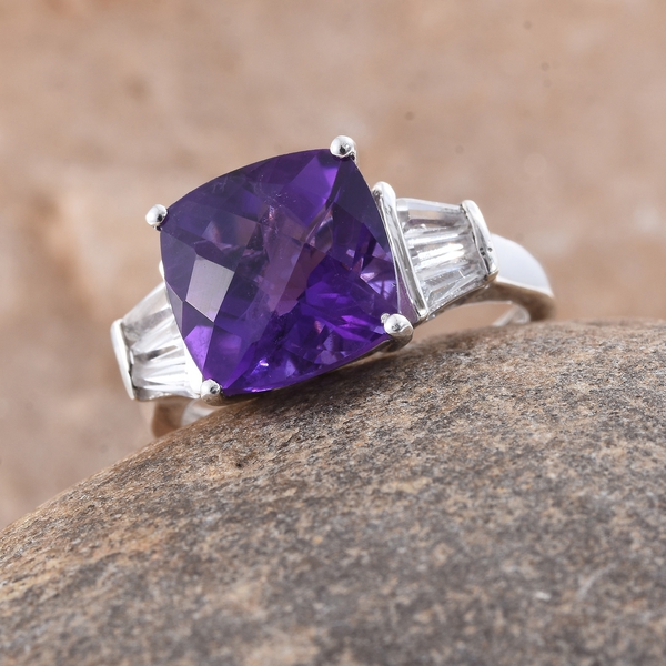 CHECKERBOARD CUT Lusaka Amethyst (Cush 5.50 Ct), White Topaz Ring in Platinum Overlay Sterling Silver 6.250 Ct.