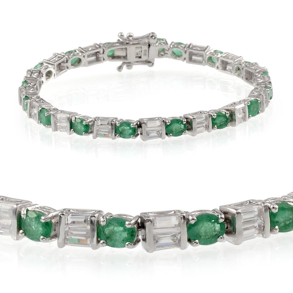Kagem Zambian Emerald (Ovl), White Topaz Bracelet in Platinum Overlay Sterling Silver (Size 7) 10.50