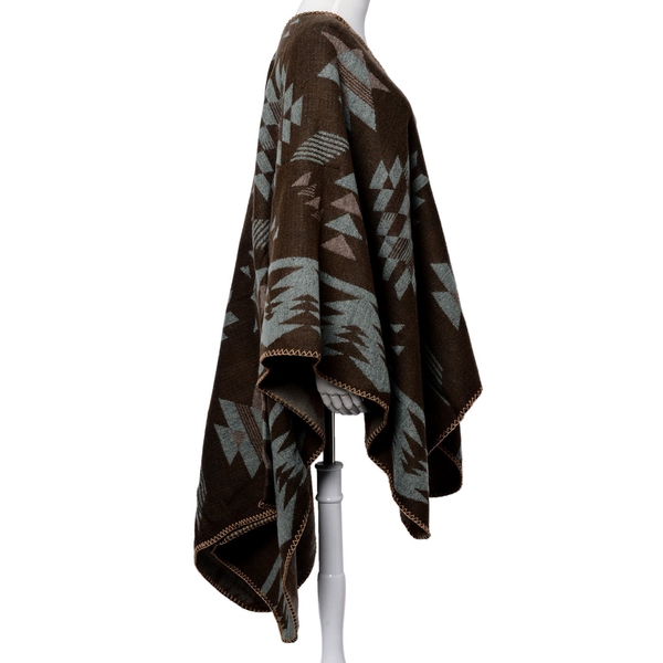 Designer Inspired Chocolate, Green and Pink Colour Geometric Pattern Over-Sized Poncho (Size 135x75 Cm)