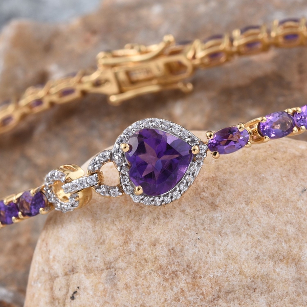 GP Amethyst (Hrt 1.35 Ct), Natural Cambodian Zircon and Kanchanaburi Blue Sapphire Bracelet (Size 7.5) in 14K Gold Overlay Sterling Silver 9.250 Ct.