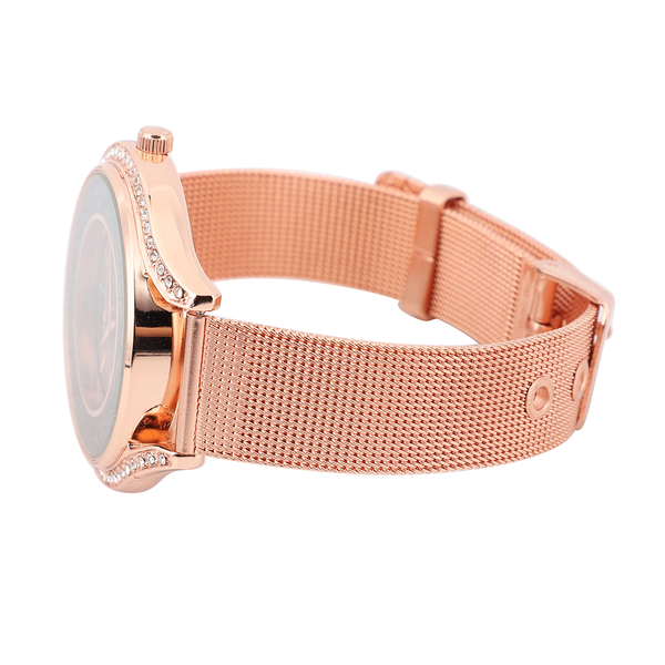 STRADA Japanese Movement Black Dial White & Black Crystal Studded Water Resistant Watch in Rose Gold Colour Mesh Belt