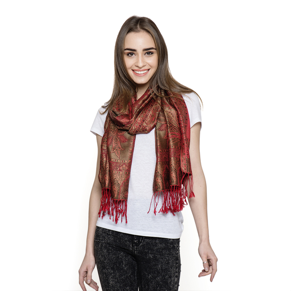 SILK MARK - 100% Superfine Silk Red and Multi Colour Jacquard Jamawar Scarf with Fringes at the Bott