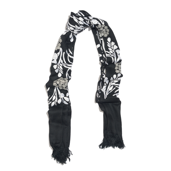 100% Merino Wool Black and White Colour Floral and Leaves Embroidered Shawl (Size 170X70 Cm)