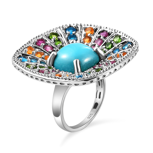 Arizona Sleeping Beauty Turquoise and Multi Gemstones Cluster Ring in Platinum Overlay Sterling Silver 8.03 Ct, Silver Wt. 9.00 Gms