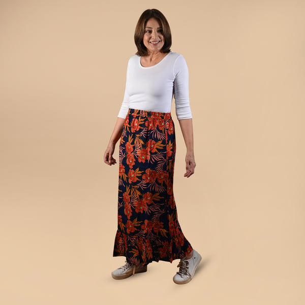 TAMSY 100% Viscose Floral Pattern Skirt (Size 8, 96x69 Cm) - Black & Orange