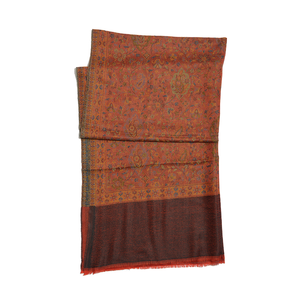 88% Merino and 12% Silk Jacquard Weaving Multi Colour Floral and Paisley Pattern Orange and Chocolate Colour Scarf (Size 200x70 Cm), Weight 89 Gram