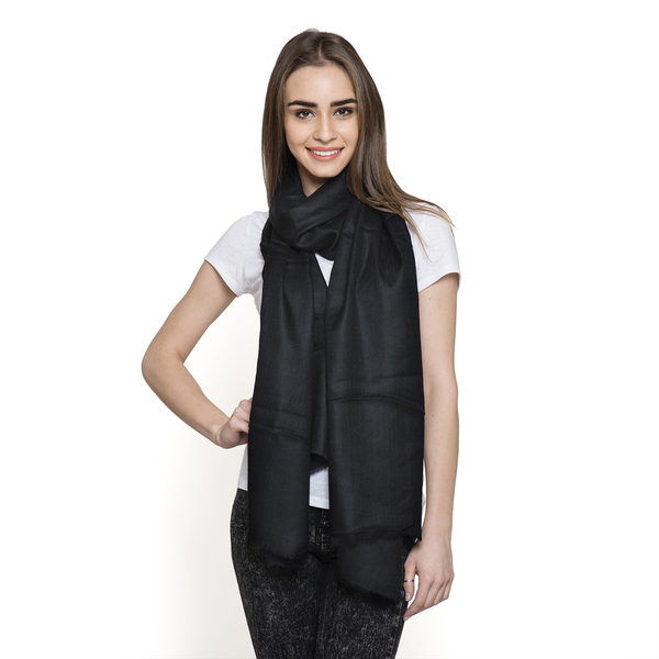 100% Fine Cashmere Wool - Hand Loomed Black Shawl (Size 200 x 70 Cm)