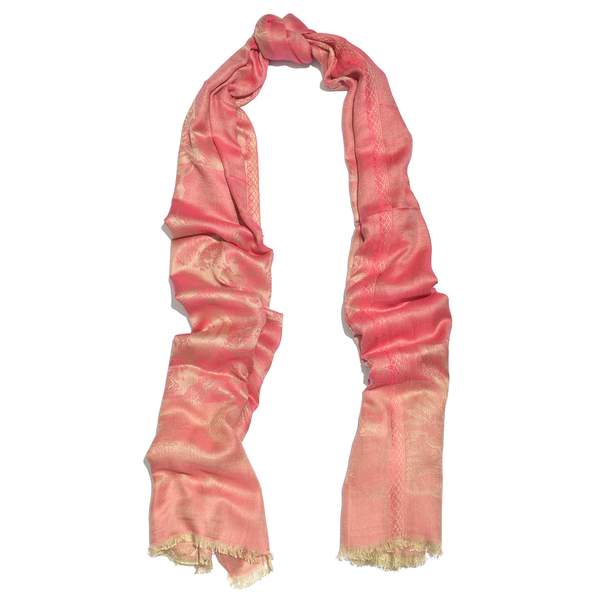 Autumn Winter Special Supersoft Modal Peach and Golden Colour Heron Bird and Tree Pattern Reversible Jacquard Scarf with Fringes (Size 190X70 Cm)