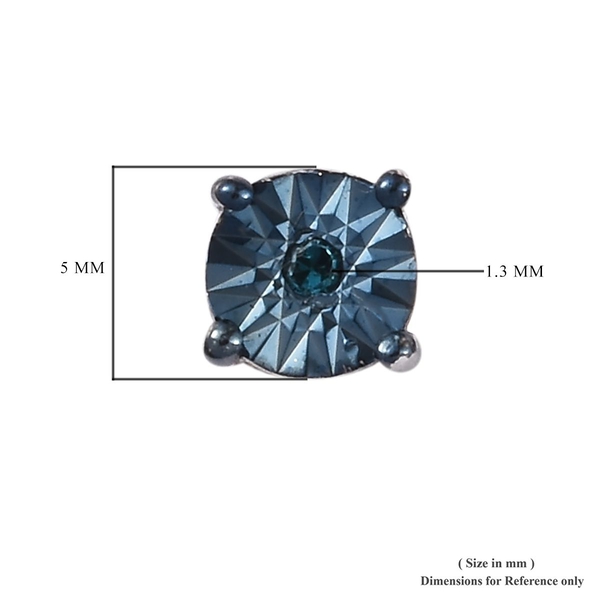 Teal Blue Diamond (Rnd) Stud Earrings (with Push Back) in Platinum and Blue Overlay Sterling Silver