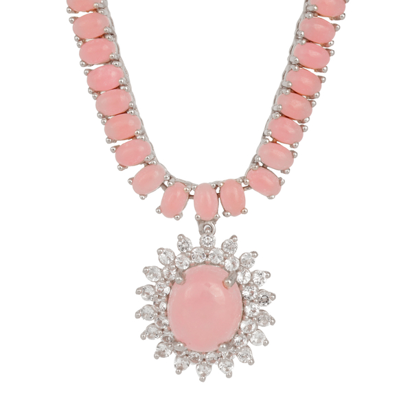 Pink Jade (Ovl 6.25 Ct), White Topaz Necklace (Size 18) in Platinum Overlay Sterling Silver 27.000 Ct.