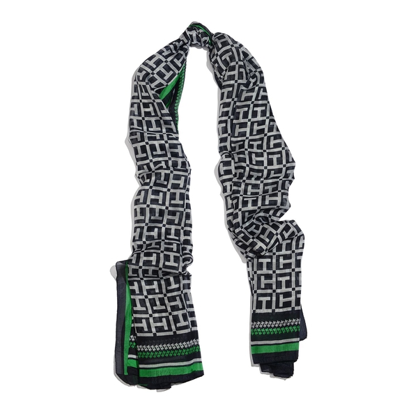 100% Mulberry Silk Black, White and Green Colour Printed Scarf (Size 180x100 Cm)
