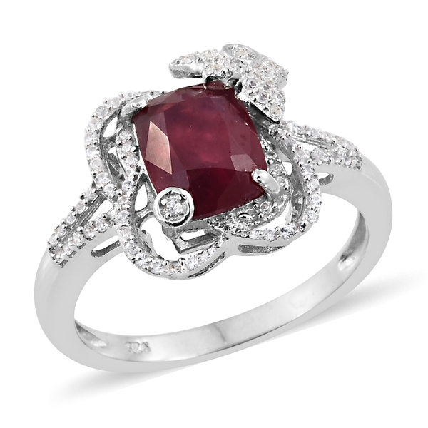 3.75 Ct African Ruby and Zircon Classic Ring in Platinum Plated Silver