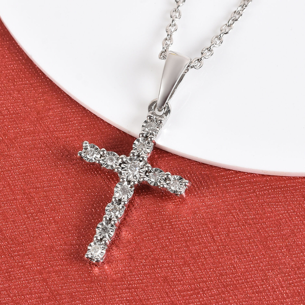 Diamond (Rnd) Cross Pendant with Chain (Size 20) in Platinum Overlay Sterling Silver 0.100 Ct.