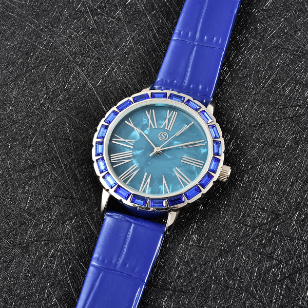 STRADA Japanese Movement Simulated Blue Sapphire Studded Water Resistant Watch with Dark Blue Colour Strap