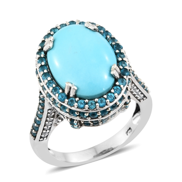 Sleeping Beauty Turquoise and Cambodian Zircon Ring in Platinum Plated Silver 12 Ct,Silver 8.50 Gms