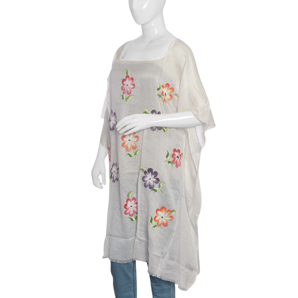 100% Modal Designer Inspired Hand Painted  White and Multicolour Beach Tree Pattern Kaftan (Free Size)