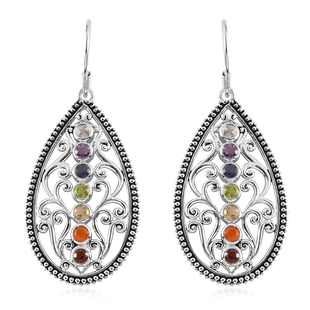 Sajen Silver GEM HEALING Collection - Iolite, Peridot and Multi Gemstone Enamelled Hook Earrings in Rhodium Overlay Sterling Silver 1.65 ct, Silver wt 9.60 Gms