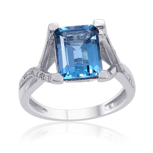 London Blue Topaz (Oct 3.50 Ct), Diamond Ring in Platinum Overlay Sterling Silver 3.520 Ct.