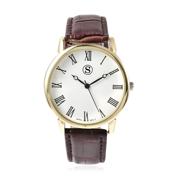 Personalised Engravable STRADA Japanese Movement Watch with Gold Tone and Brown Strap