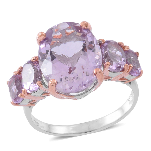 Rose De France Amethyst (Ovl 8.75 Ct) 5 Stone Ring in Rhodium and Rose Gold Plated Sterling Silver 1