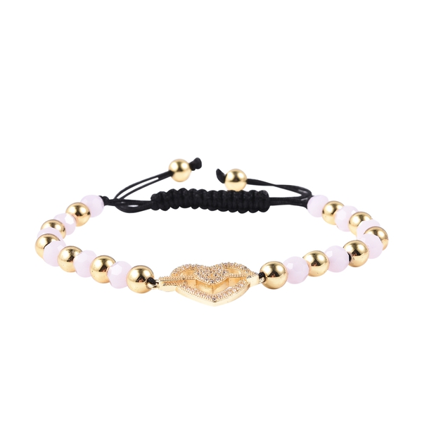 Set of 2 - Simulated Diamond and Pink Colour Beads Adjustable Bracelet (Size 6.5-9) in Tritone