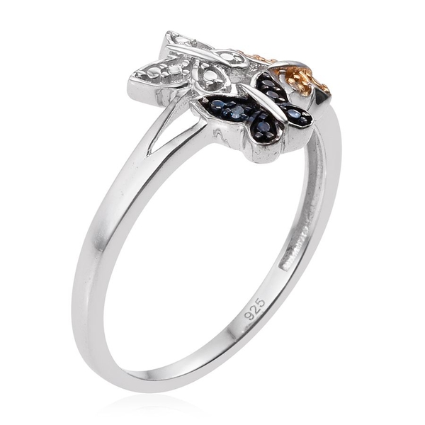 White Diamond (Rnd), Blue and Yellow Diamond Butterfly Ring in Platinum Overlay Sterling Silver