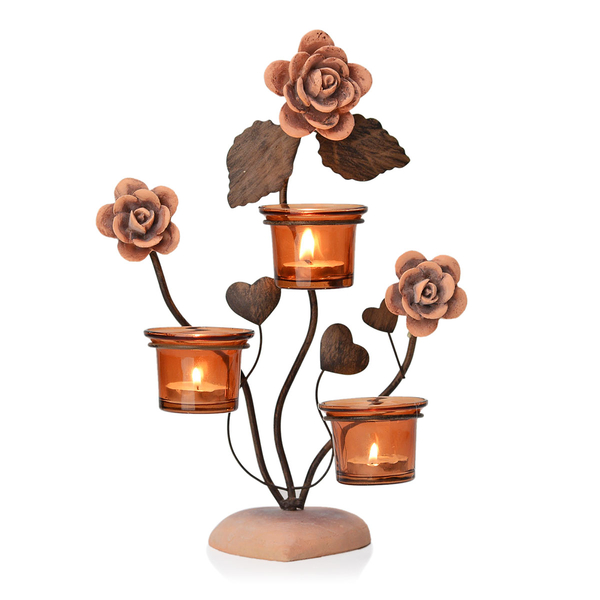 (Option 2) Home Decor - Three Clay Flower Candle Holder with Brown Glass