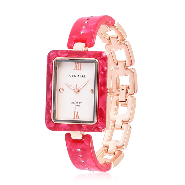 STRADA Japanese Movement White Austrian Crystal Studded Dial Watch in Rose Gold Tone with Red Colour