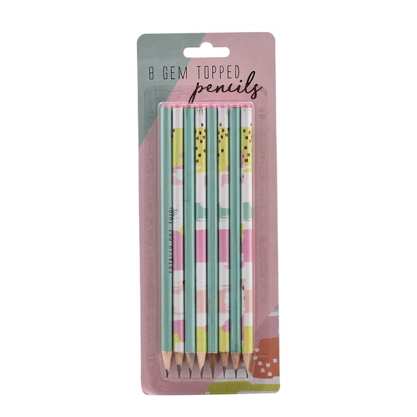 Pack of 5 Stationery Item (Inclu. 3 Pack Bobble Pens, Mini Clipboard & Pad, 2 Ballpoint Pens, 8 Gem Topped Pencils and Desktop Slogan Calendar)