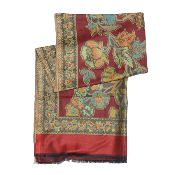 100% Superfine Modal Multi Colour Floral, Leaves and Paisley Pattern Burgundy and Orange Colour Jacquard Scarf (Size 190x70 Cm)