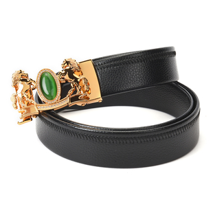 Genuine Leather Mens Belt with White Austrian Crystal and Simulated Green Cat Eye in Gold Tone Buckl