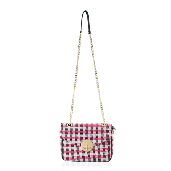 Black, White and Rose Red Colour Check Pattern Shoulder Bag (Size 24x20x8 Cm)