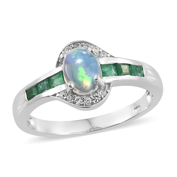 Ethiopian Welo Opal (Ovl), Kagem Zambian Emerald and Natural Cambodian Zircon Ring in Platinum Overl