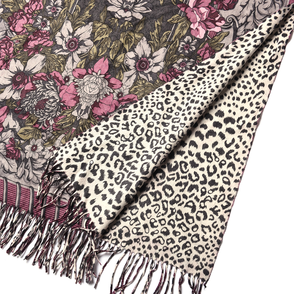LA MAREY Super Soft 100% Lambswool Reversible Off-White Leopard and Purple/Grey Floral Pattern Shawl with Tassels (180x65cm)