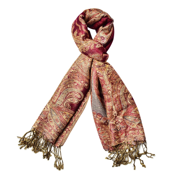 Paisley and Floral Pattern Red, Grey and Multi Colour Scarf with Fringes (Size 180x70 Cm)